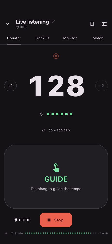 Counter in Live BPM reading through the mic: the confidence gauge full, the dB rail lit, and the tempo settled at 128 BPM.