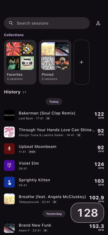 The sessions library: collections above, and a searchable history with the tempo saved beside each session.