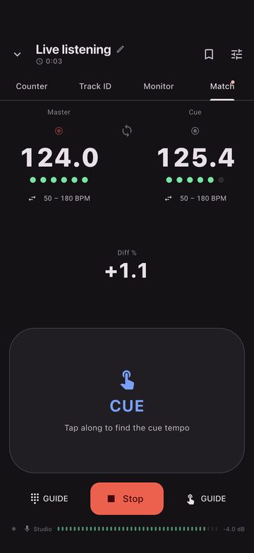 Match in Live BPM comparing a master at 124.0 BPM against a cue at 125.4, with the difference between them shown.